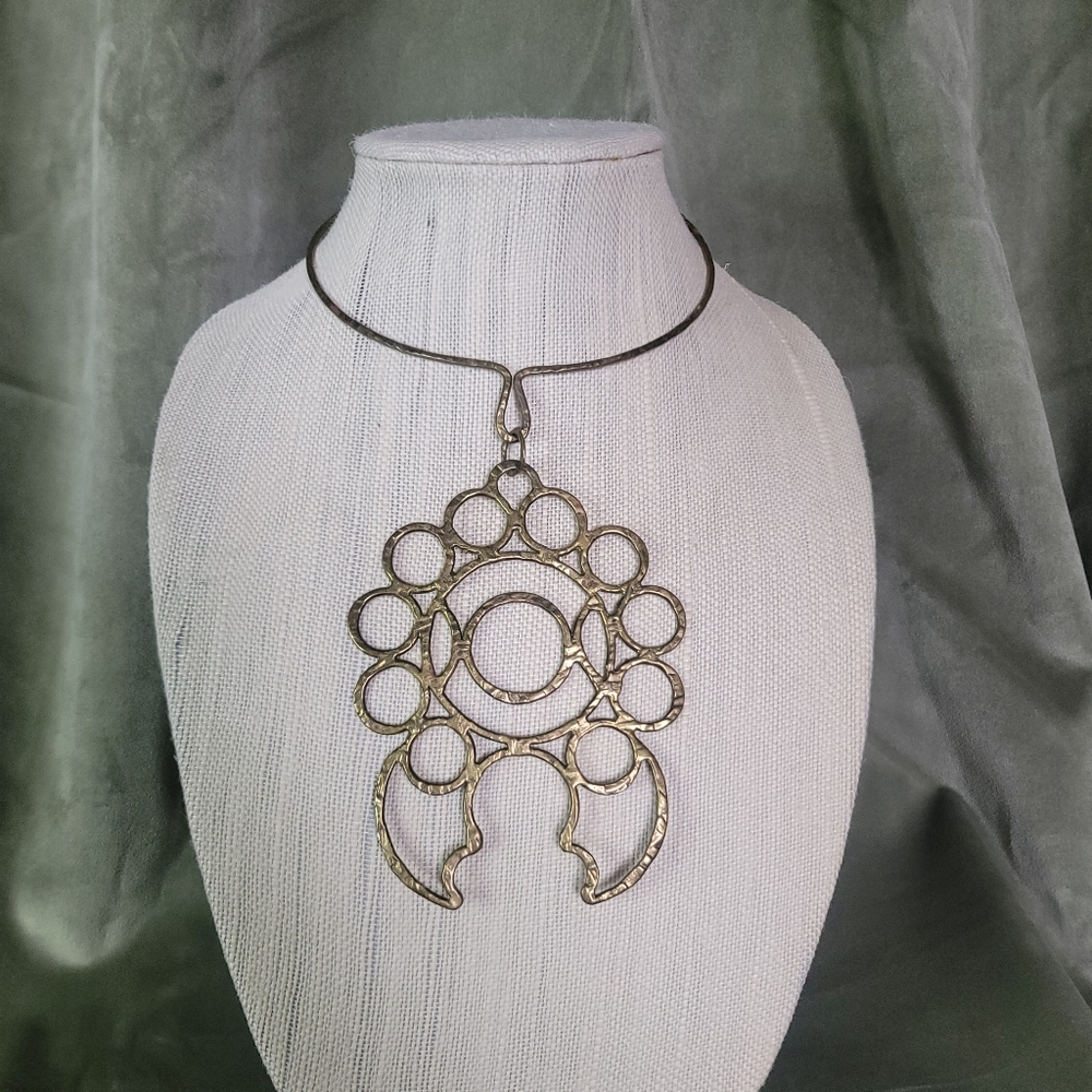 Vintage Handmade Operacore Indie Western Artsy Hammered Brass Pendant Necklace